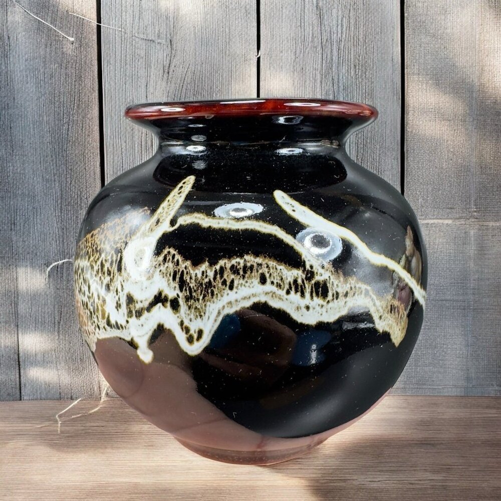 Vintage 1980s Speckled Drip Glaze Pottery Round Bottom Vase Vessel Marked VTG